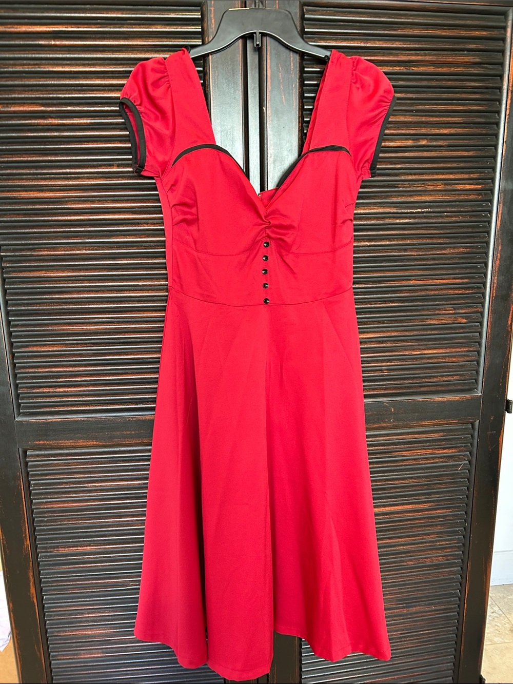 Lindy Bop Red Sweetheart Fit-and-Flare Midi Dress with Black Trim